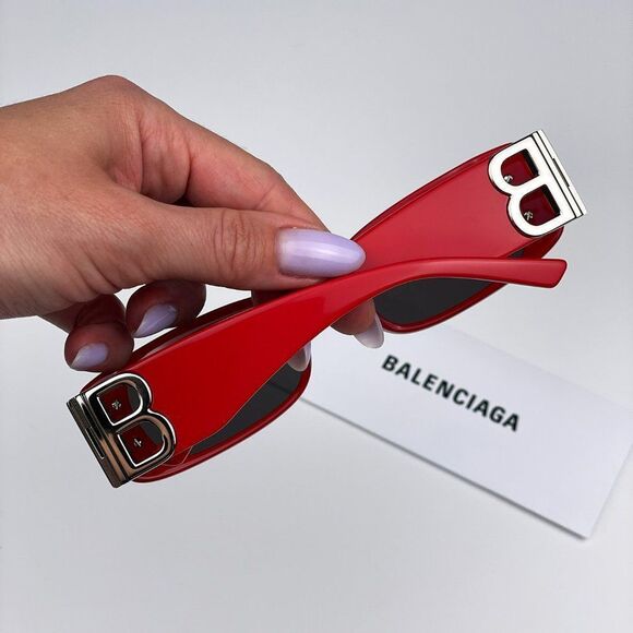 Balenciaga BB0096S 015 Sunglasses Red Silver Logo Rectangle Unisex - Picture 4 of 15